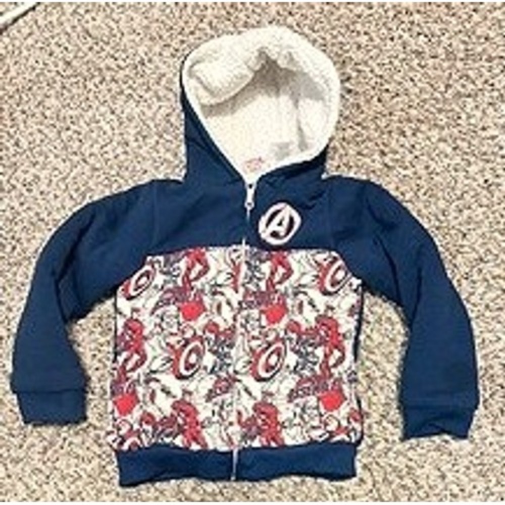 Marvel Avengers Boys Sherpa Lined Zip Up Hoodie Navy Blue Comic Print Size 7